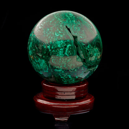 5-1/2" Diameter Malachite Sphere on Wooden Stand