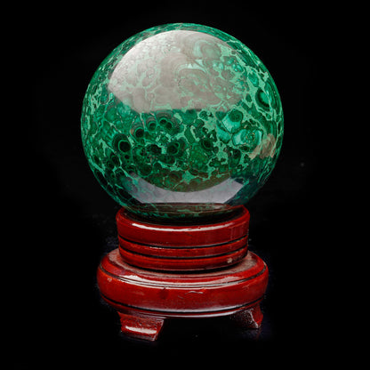 3-1/2" Diameter Malachite Sphere on Carved Wooden Stand