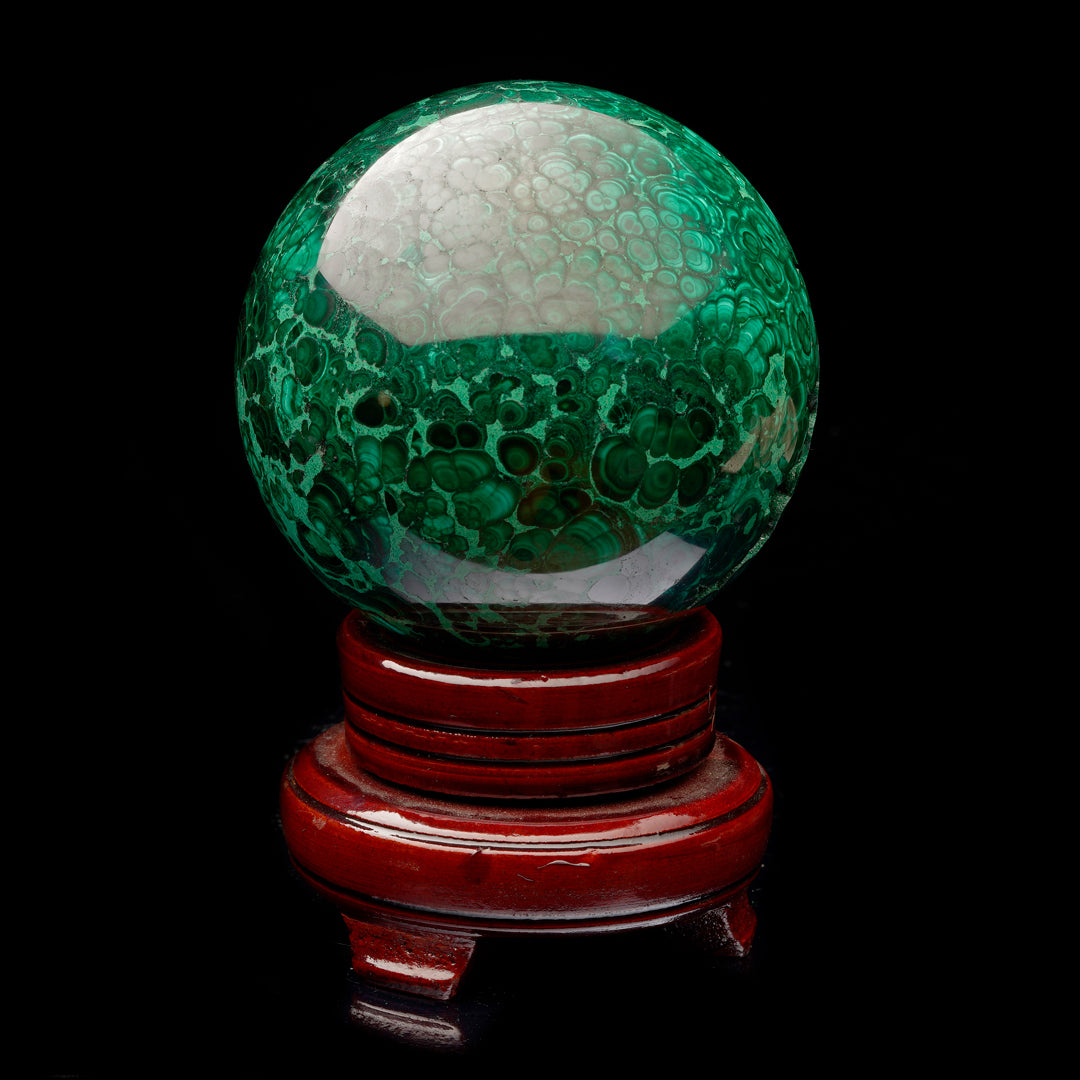 3-1/2" Diameter Malachite Sphere on Carved Wooden Stand