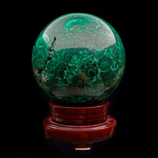 5-1/2" Diameter Malachite Sphere on Carved Wooden Stand II