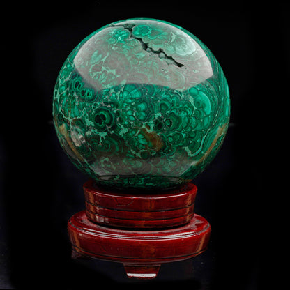 5-1/2" Diameter Malachite Sphere on Carved Wooden Stand II