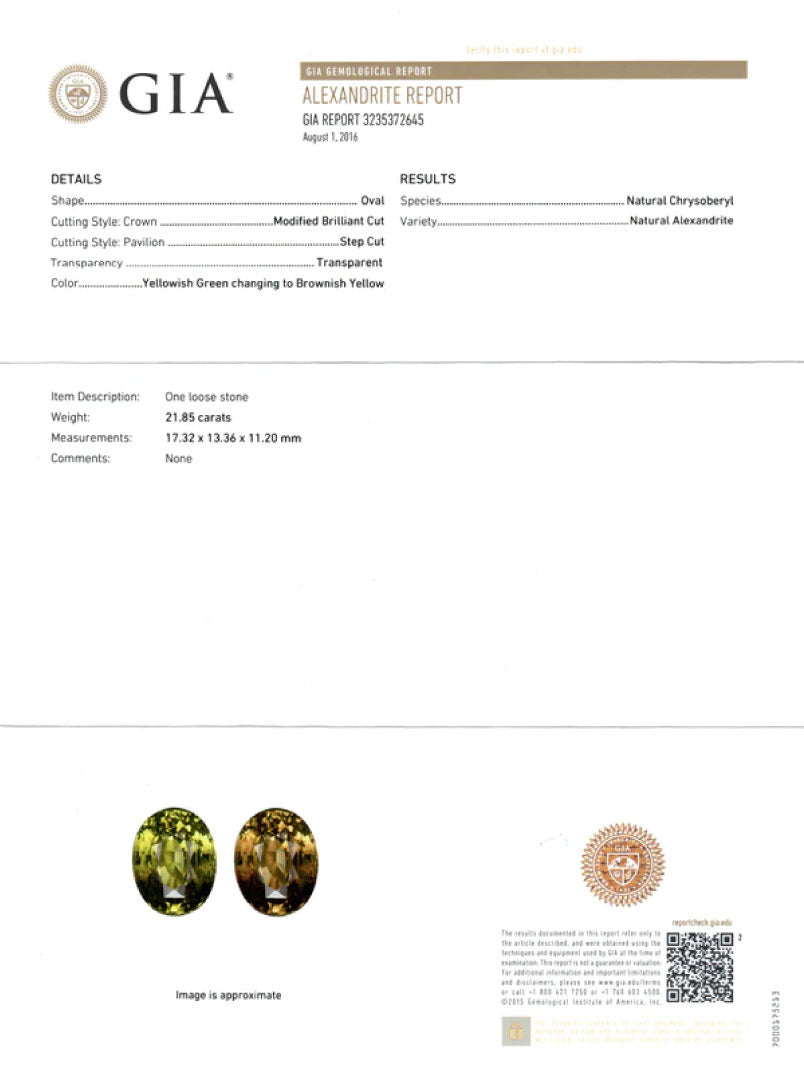 GIA Certified 21.85 Carat Natural Color Change Alexandrite