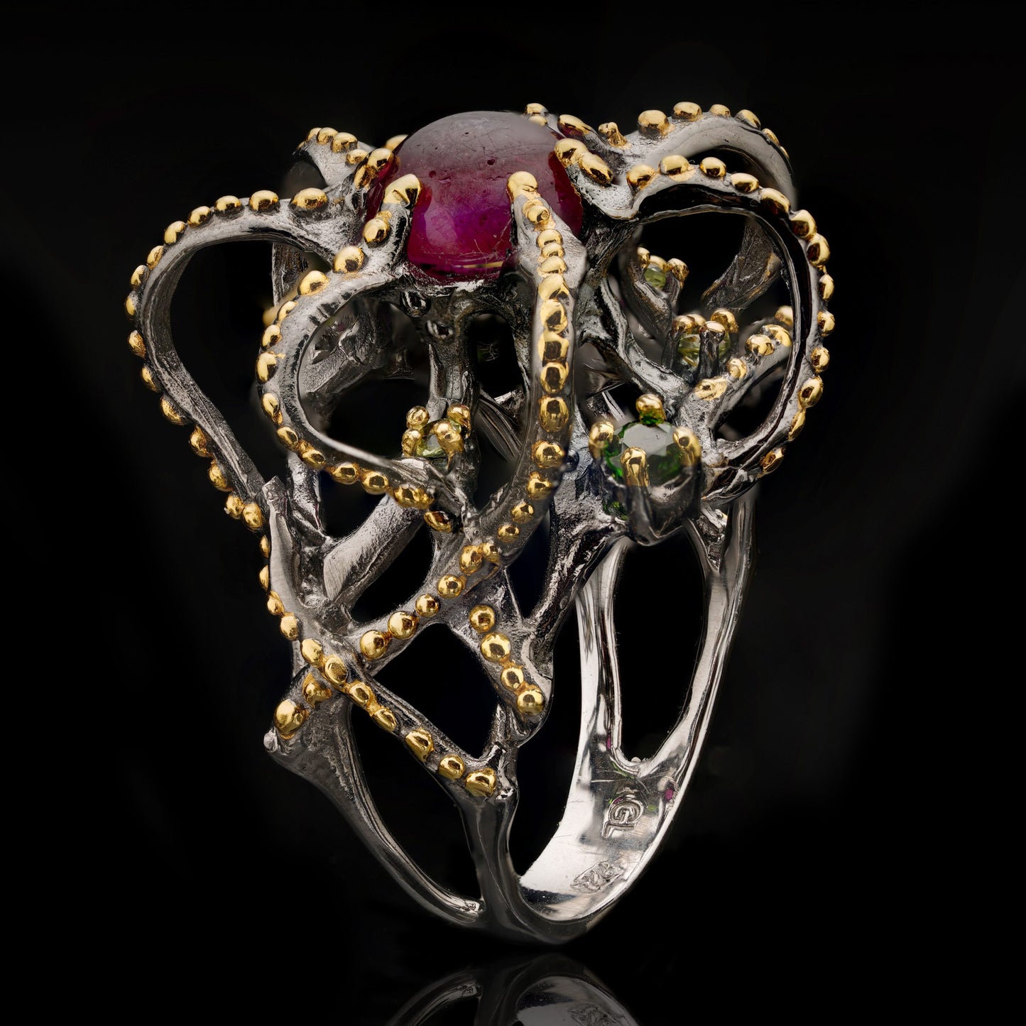 Ruby, Peridot, and Chrome Diopside Tentacle Ring