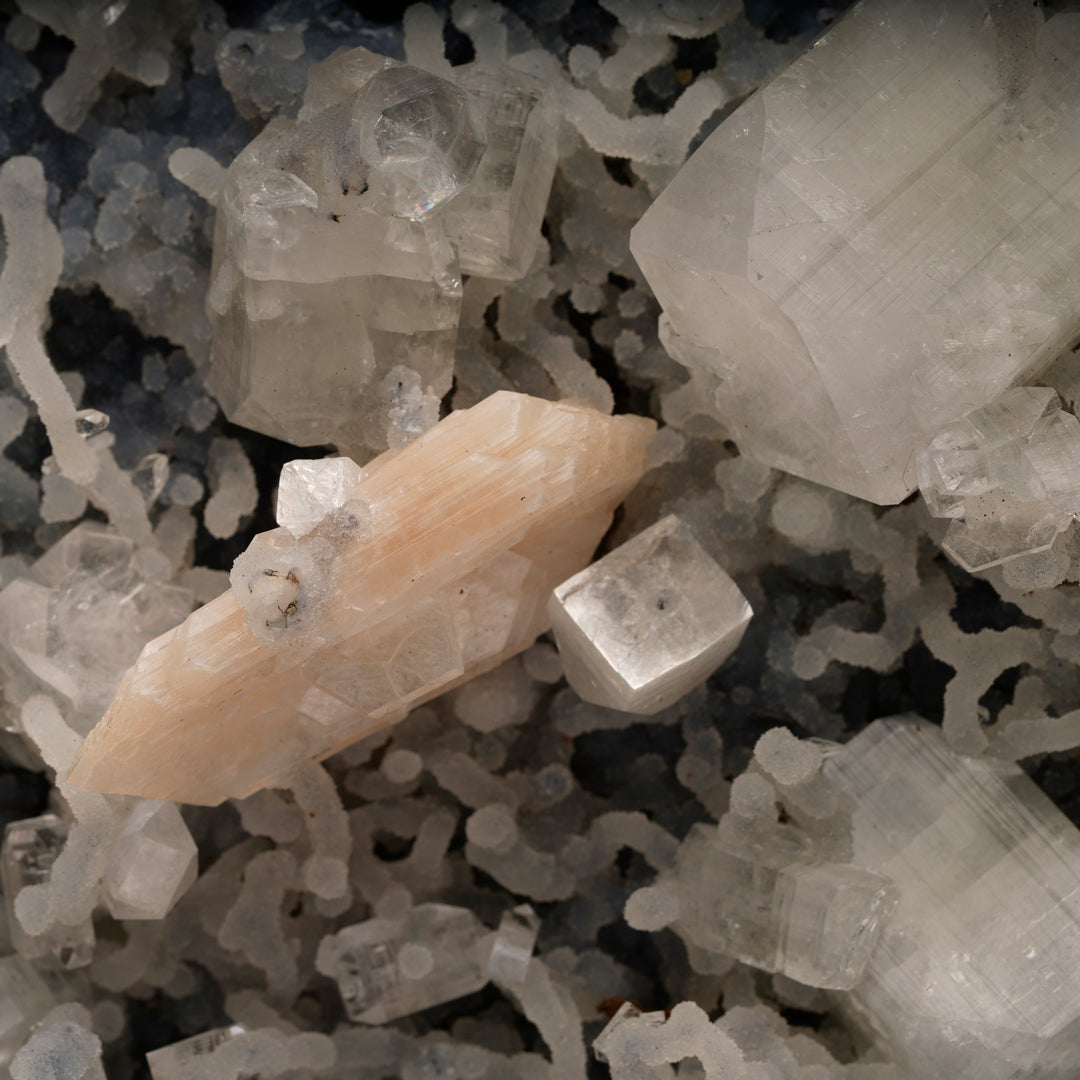 Apophyllite and Stilbite on Chalcedony and Chalcedony Stalactites From India