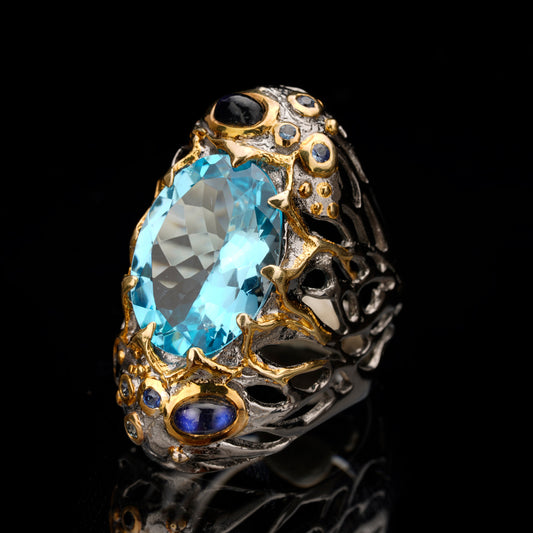 Blue Topaz, Spectrolite, and Sapphire Ring // Size 7