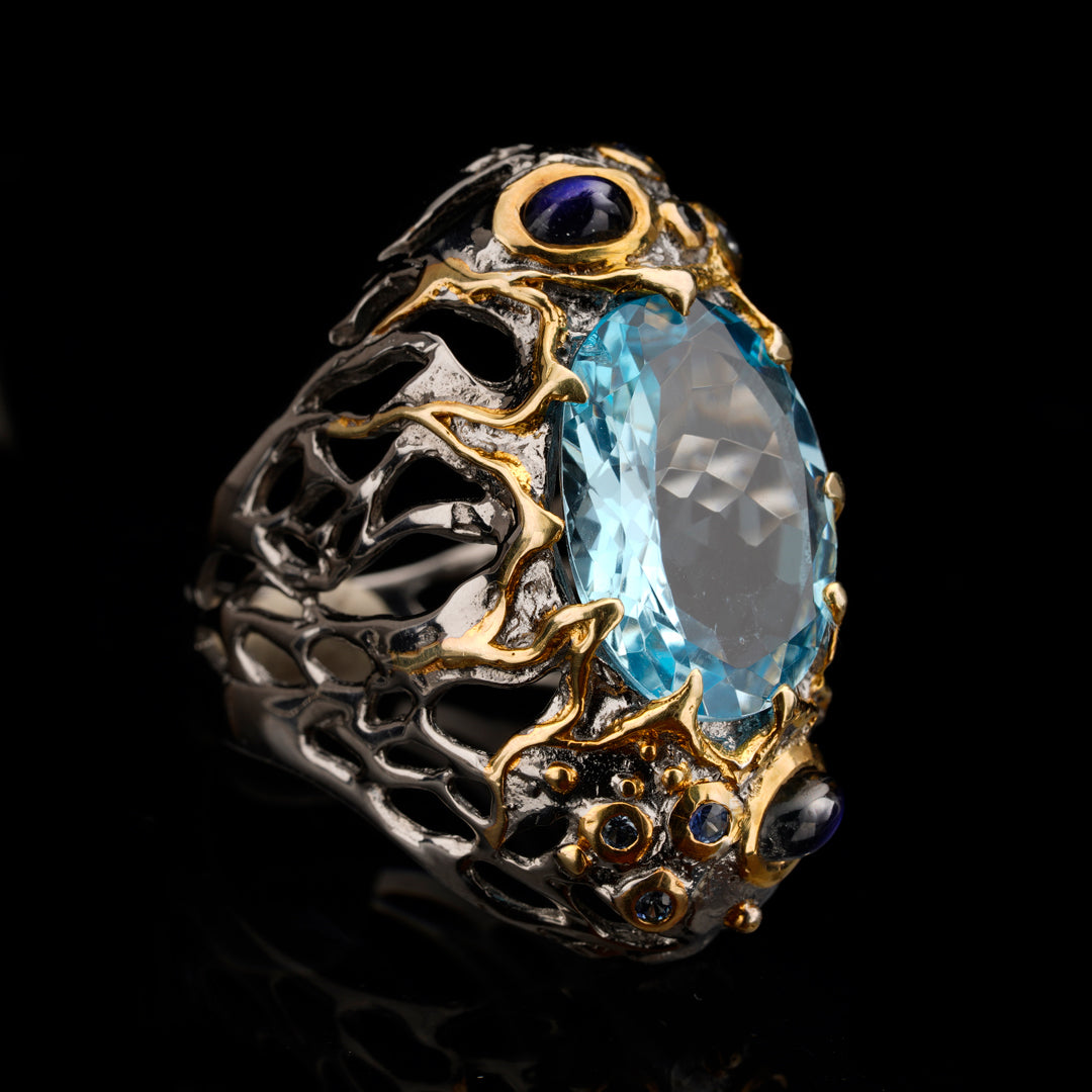 Blue Topaz, Spectrolite, and Sapphire Ring // Size 7