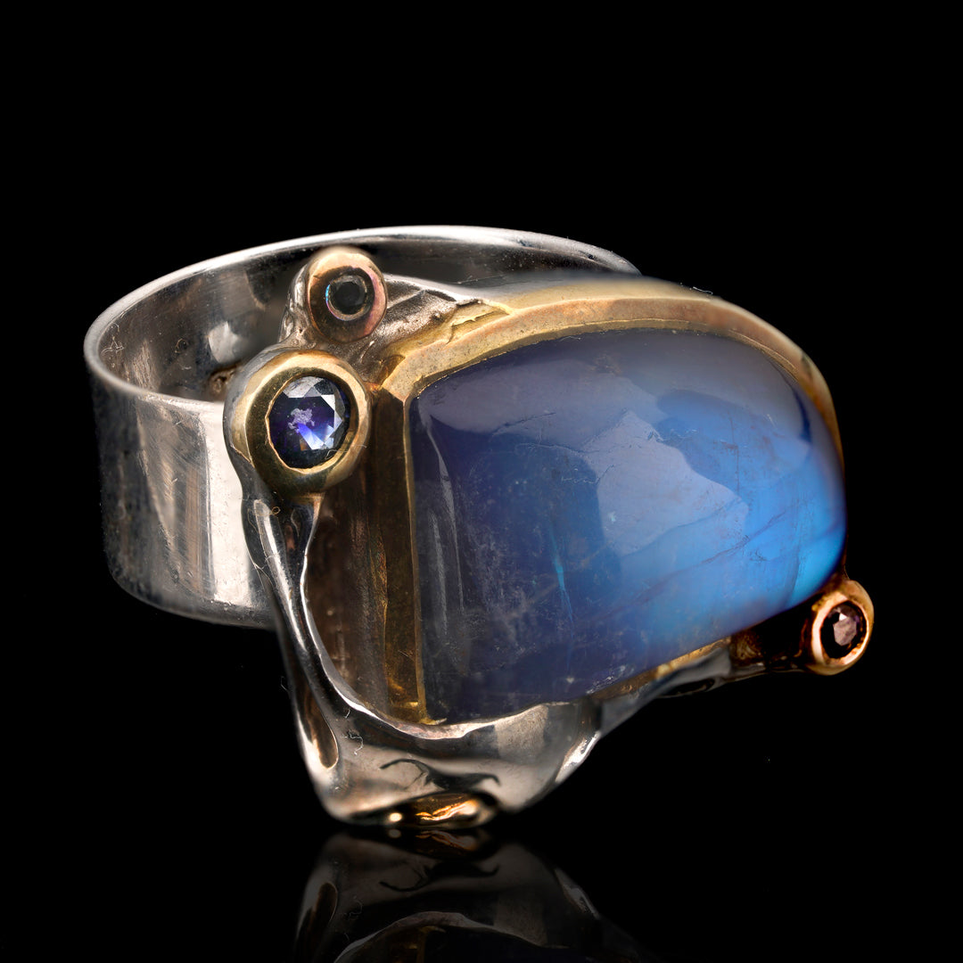 Spectrolite and Blue Sapphire Ring // Size 6.75