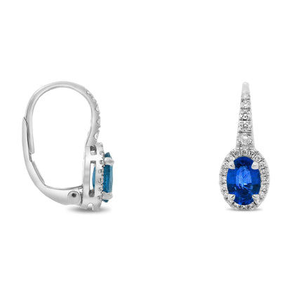 Oval Blue Sapphire Halo Drop Earrings