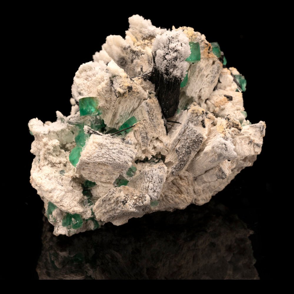 Fluorite, Black Tourmaline and Hyalite Opal on Feldspar