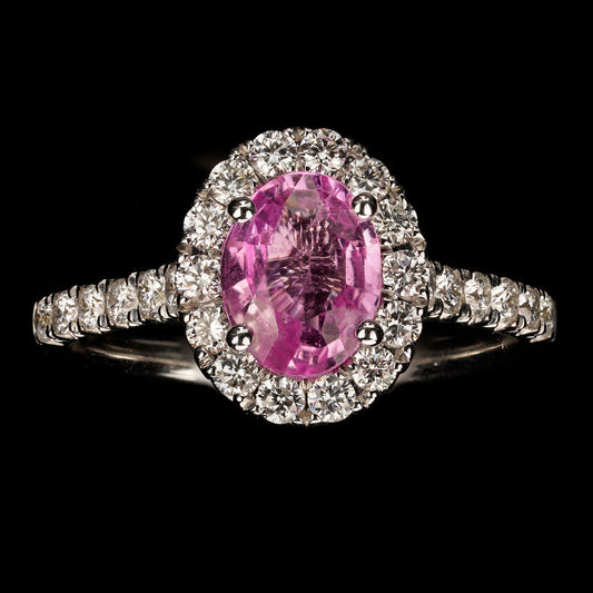 Pink Sapphire and Diamonds Halo Ring