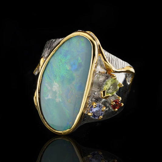 Silver Doublet Opal Ring with Orange Sapphire, Peridot, and Tanzanite