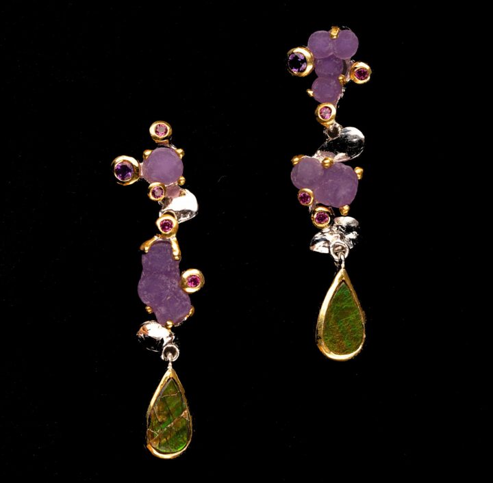Druzy Grape Agate, Ammolite, Amethyst, and Rhodolite Earrings