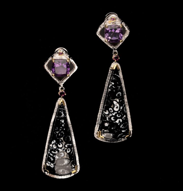 Palm Root, Amethyst, and Rhodolite Earrings