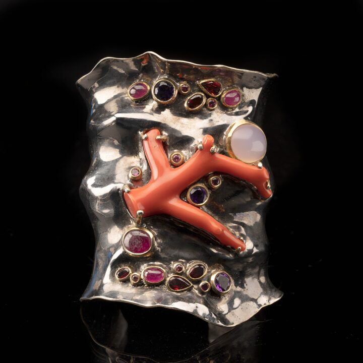 Coral and Gemstone Adjustable Cuff Bracelet
