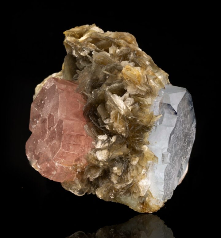 Pink Apatite and Aquamarine on Muscovite // 119 Grams