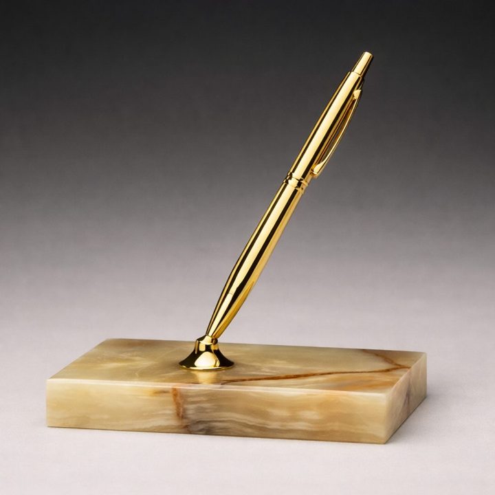 Hand Carved Genuine Banded Onyx Stand and Pen