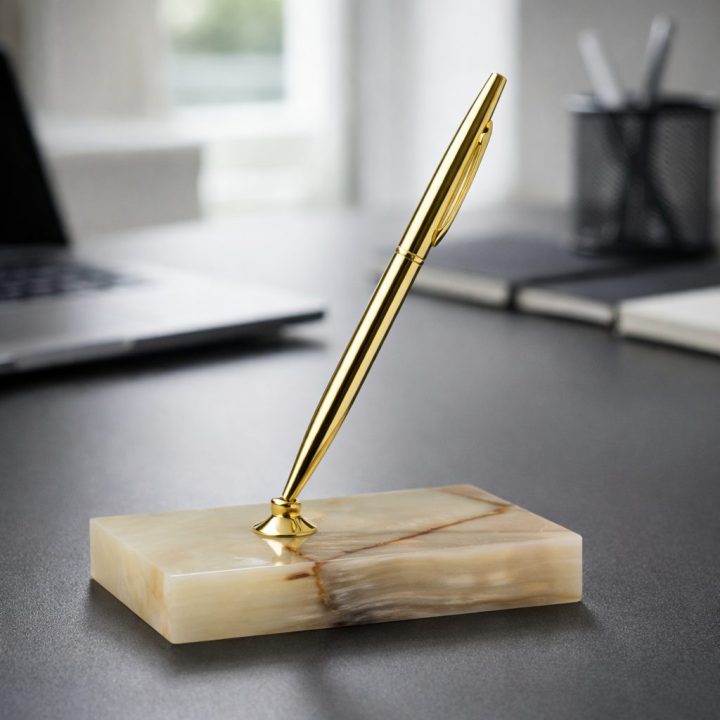 Hand Carved Genuine Banded Onyx Stand and Pen