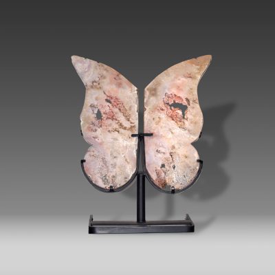 Pink Amethyst wings hand-carved crystal sculpture on stand front view