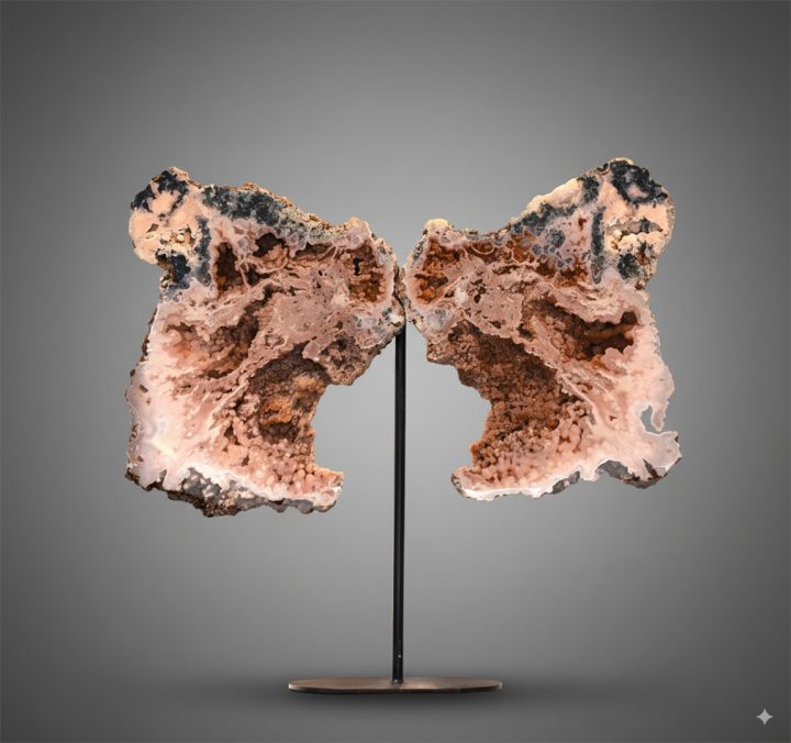 Pink Amethyst wings on custom stand against neutral background