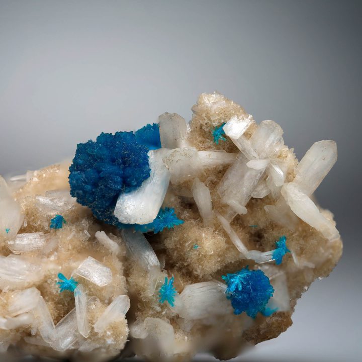 Close-up of Cavansite on Stilbite mineral specimen from India