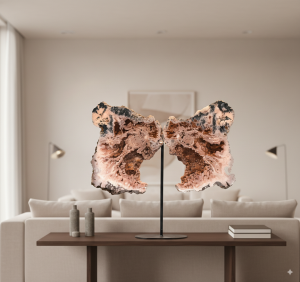 Pink Amethyst wings on custom metal stand displayed in a modern living room