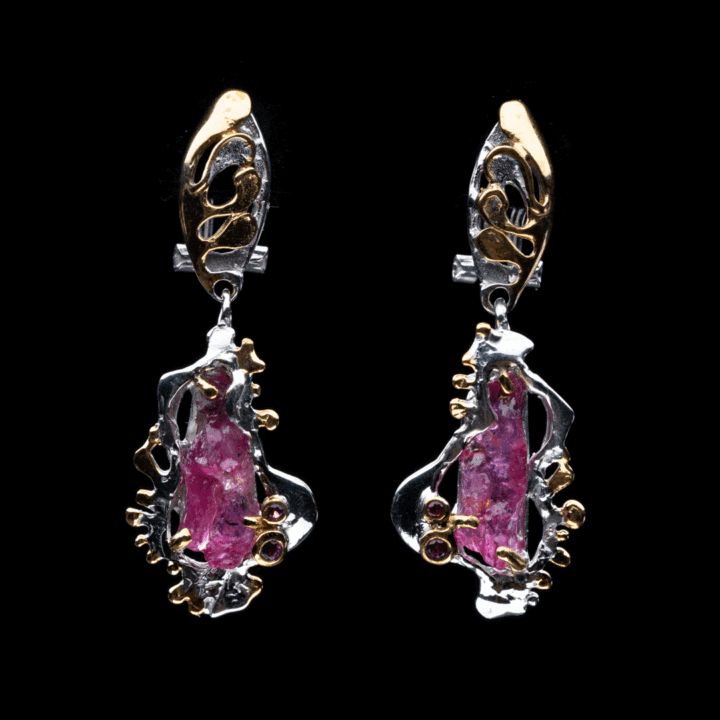 Rough Ruby, Rhodolite, and Sapphire Drop Earrings