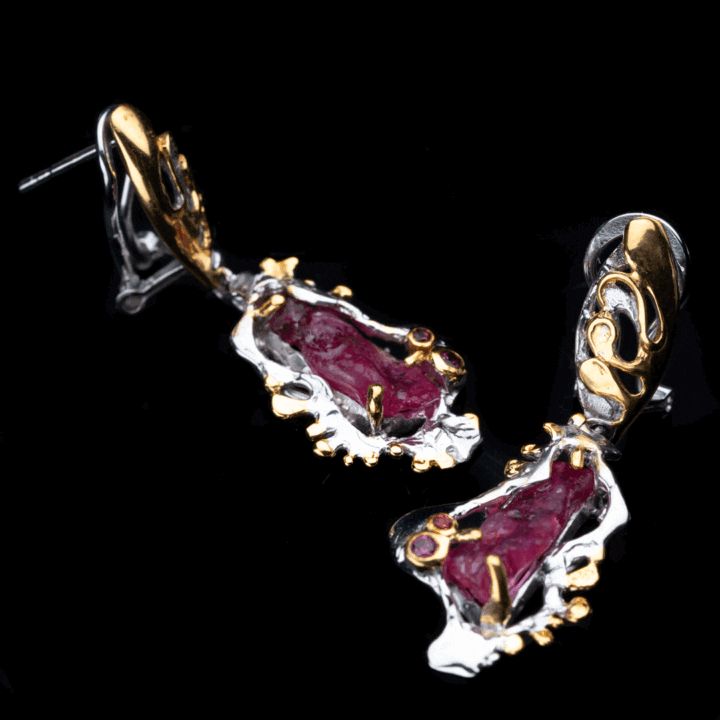 Rough Ruby, Rhodolite, and Sapphire Drop Earrings - Image 2