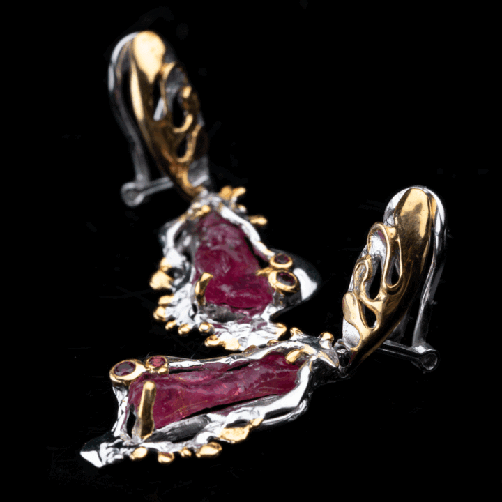 Rough Ruby, Rhodolite, and Sapphire Drop Earrings - Image 3