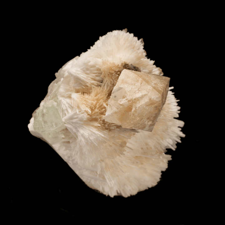 Angled view of Powellite on Mesolite and Apophyllite