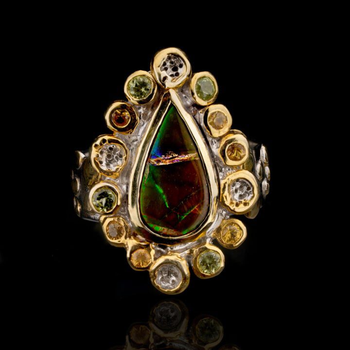 Ammolite, Peridot, and Sapphire Ring