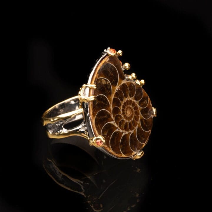 Ammonite Ring With Pink and Orange Sapphires // Size 7 - Image 2