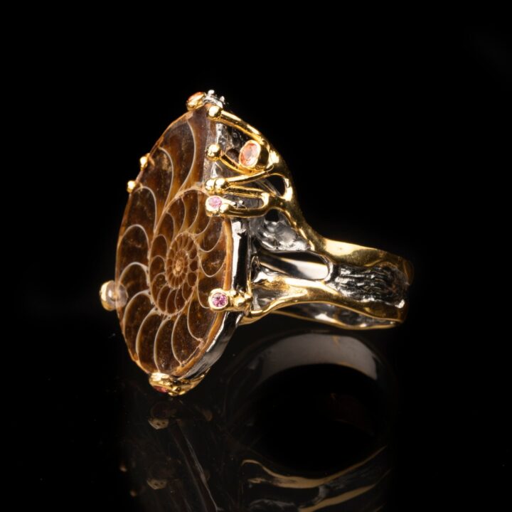 Ammonite Ring With Pink and Orange Sapphires // Size 7 - Image 3