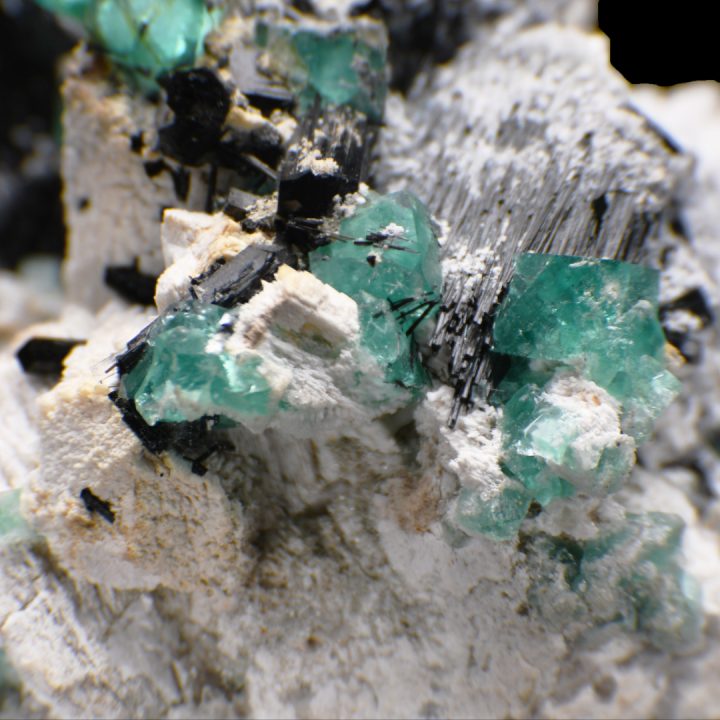 Close-up of vivid green Fluorite crystals with black Tourmaline needles on Feldspar matrix