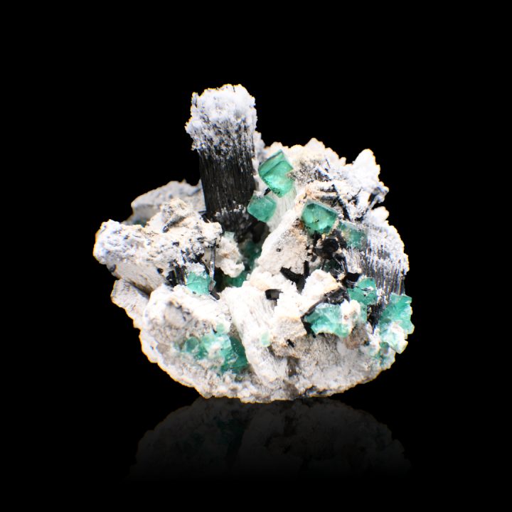 Erongo specimen with upright Black Tourmaline crystal, green Fluorite, and white Feldspar matrix