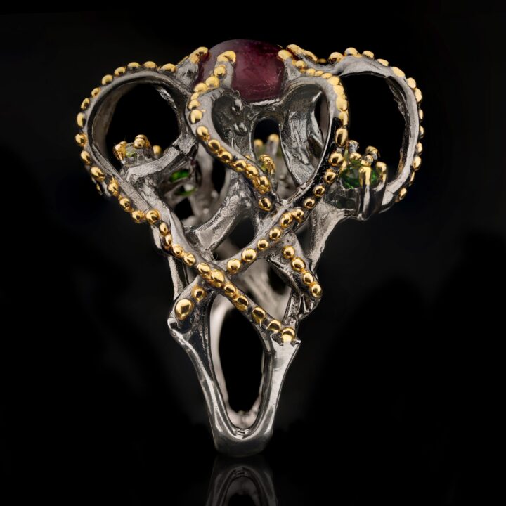Ruby, Peridot, and Chrome Diopside Tentacle Ring - Image 4