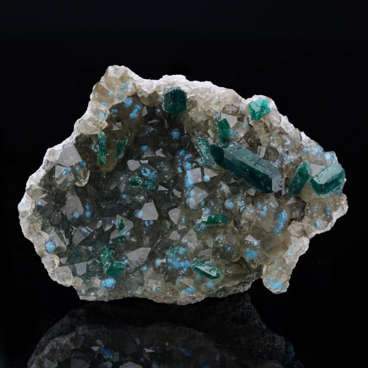 Dioptase With Plancheite on Calcite II