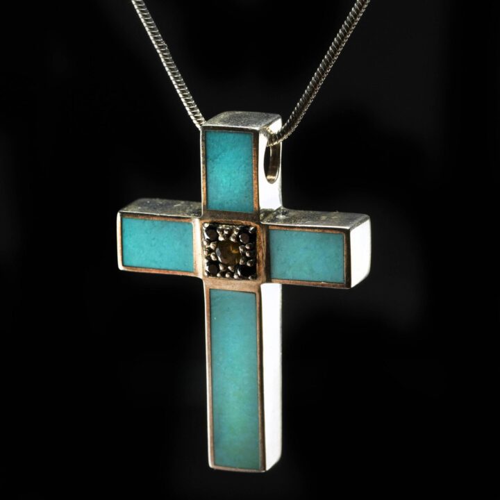 Turquoise and Sterling Silver Cross Pendant with Sapphires