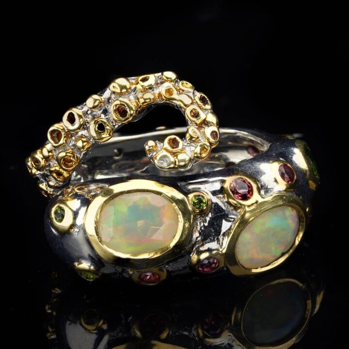 Ethiopian Opal, Chrome Diopside, and Orange Sapphire Tentacle Ring