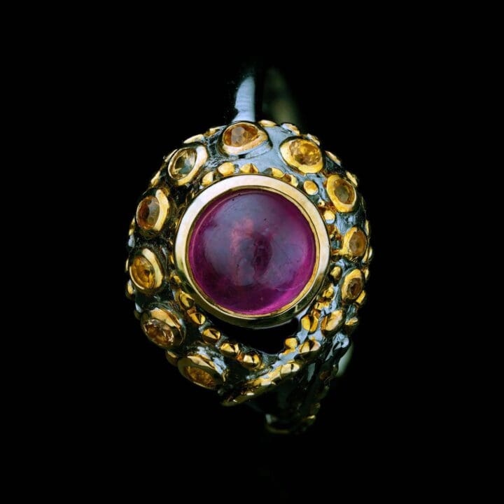 Ruby Tentacle Ring // Cabochon Ruby with Yellow Sapphires in Sterling Silver and 14K Gold - Image 2