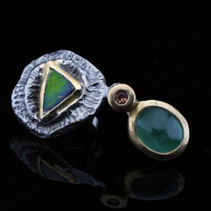 Ammolite, Chrome Tourmaline, and Pink Sapphire Drop Earrings - Image 4