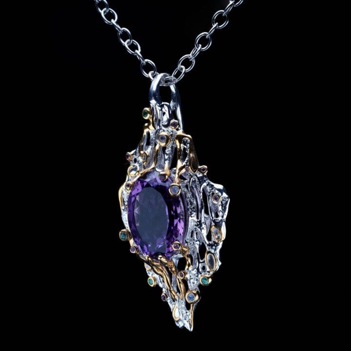 27 Carat Oval Cut Amethyst & Multi-Gemstone Pendant // Sterling Silver & 14K Gold - Image 3