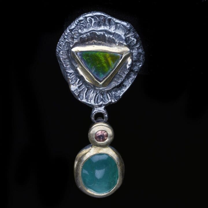 Ammolite, Chrome Tourmaline, and Pink Sapphire Drop Earrings - Image 2