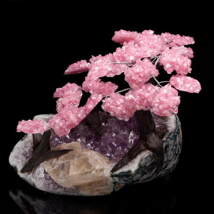 Large Rose Quartz Gemstone Tree on Amethyst With Selenite - Image 4