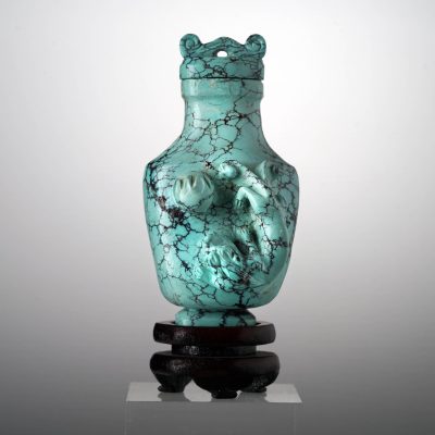 Hand‑Carved Turquoise Bottle with Custom Wood Base