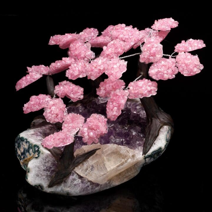 Large Rose Quartz Gemstone Tree on Amethyst With Selenite - Image 3