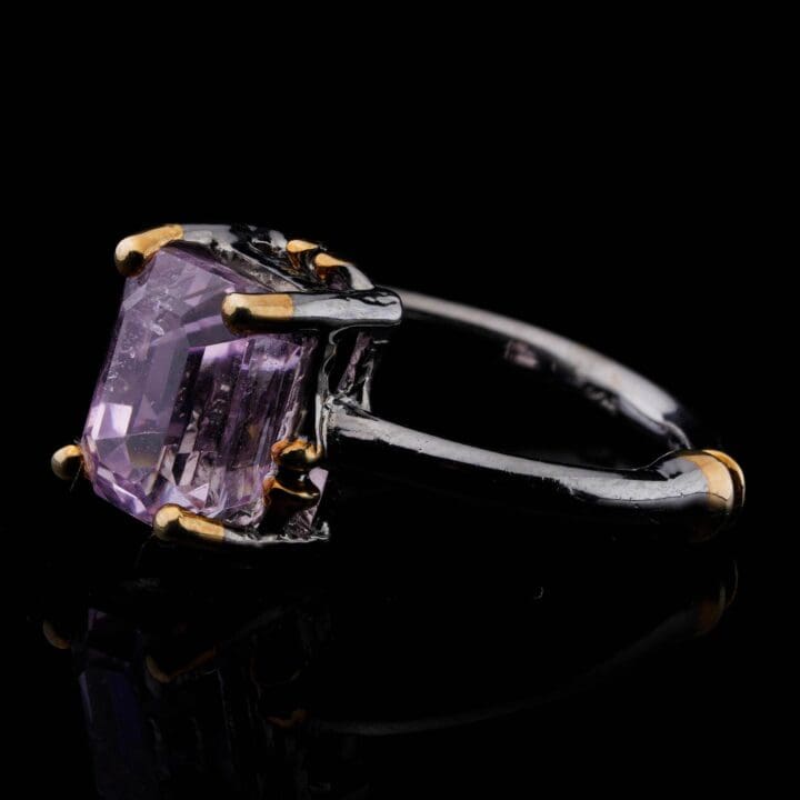 Emerald-Cut Pink Kunzite Ring // Sterling Silver With Gold Accents - Image 3