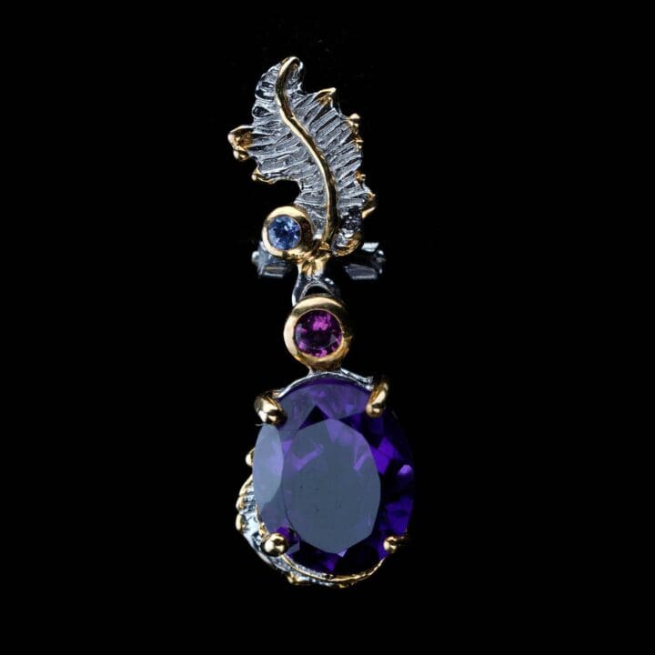 Amethyst, Rhodolite, and Tanzanite Drop Earrings // Sterling Silver and Gold Leaf - Image 3
