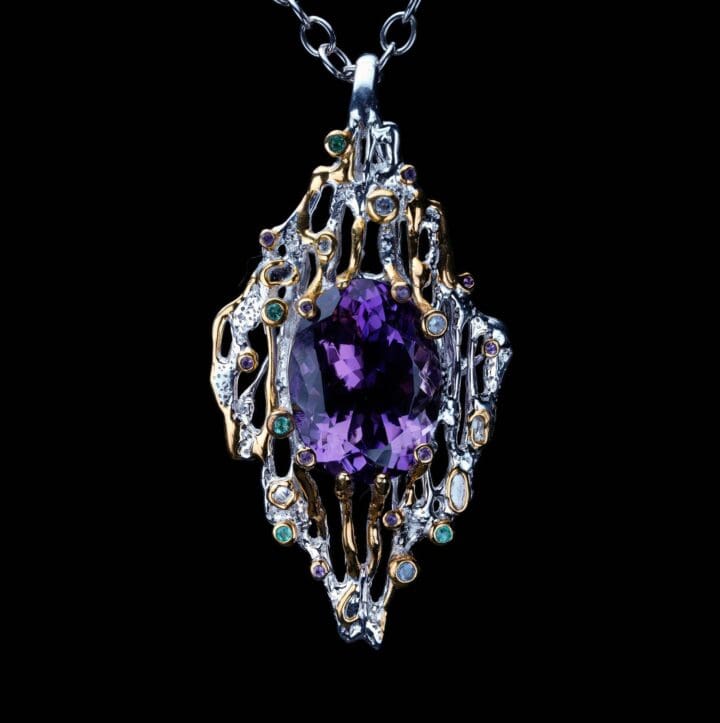 27 Carat Oval Cut Amethyst & Multi-Gemstone Pendant // Sterling Silver & 14K Gold