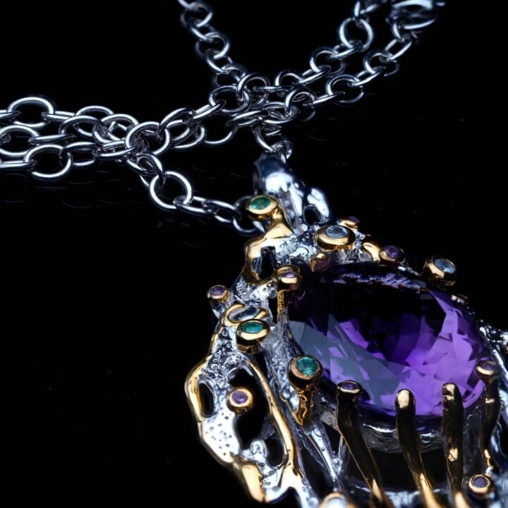 27 Carat Oval Cut Amethyst & Multi-Gemstone Pendant // Sterling Silver & 14K Gold - Image 2