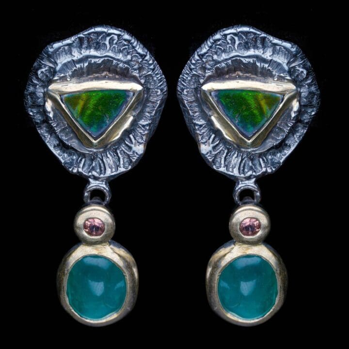Ammolite, Chrome Tourmaline, and Pink Sapphire Drop Earrings